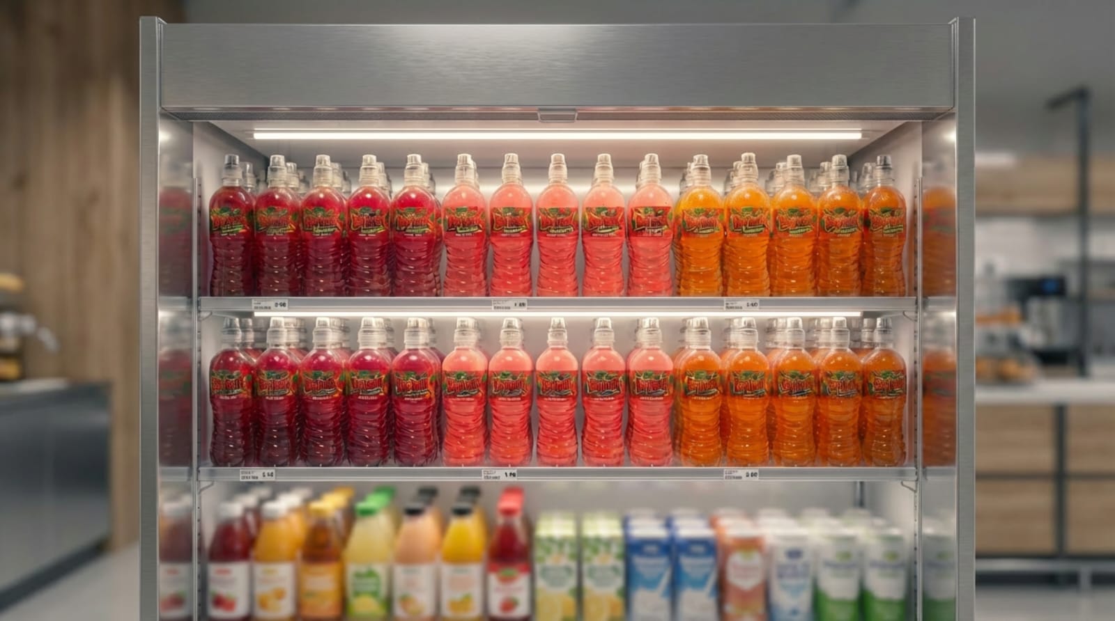 Replenix bottles displayed in store fridge - all three flavours on shelves